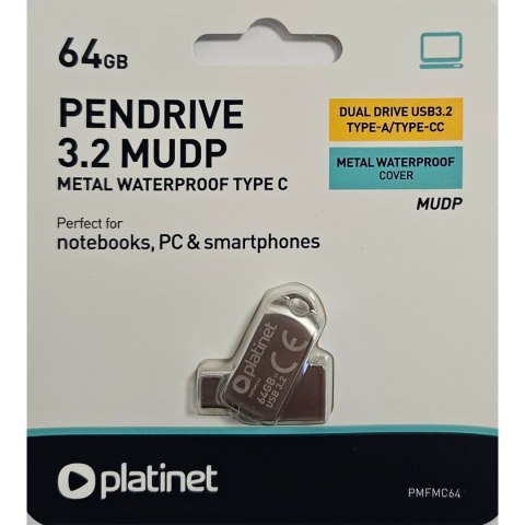 Pamięć USB-A/USB-C 64GB PLATINET MUDP USB 3.2 metalowy wodoodporny (45971) Pamięć USB-A/USB-C 64GB PLATINET MUDP USB 3.2 metalowy wodoodporny (45971)
