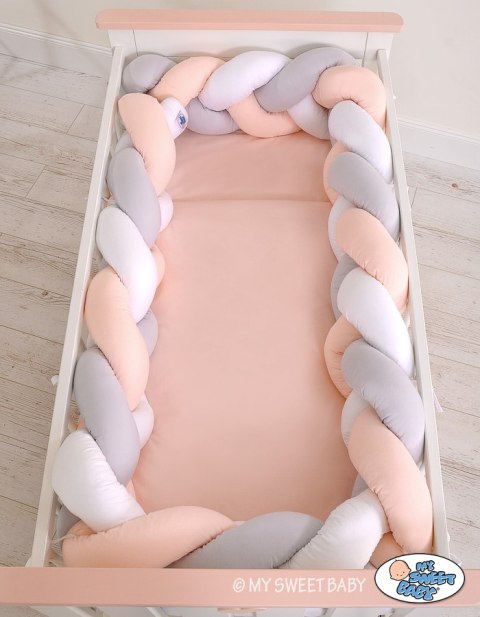 Ochraniacz warkocz pleciony do łóżeczka XXL - biało-szaro - pudrowy róż