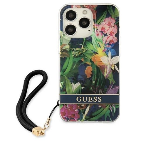 Guess Flower Cord - Etui ze smyczką iPhone 13 Pro Max (Blue) Guess Flower Cord - Etui ze smyczką iPhone 13 Pro Max (Blue)