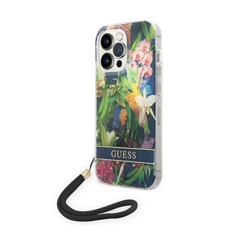 Guess Flower Cord - Etui ze smyczką iPhone 14 Pro Max (niebieski) Guess Flower Cord - Etui ze smyczką iPhone 14 Pro Max (niebieski)