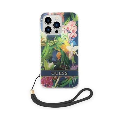 Guess Flower Cord - Etui ze smyczką iPhone 14 Pro Max (niebieski) Guess Flower Cord - Etui ze smyczką iPhone 14 Pro Max (niebieski)