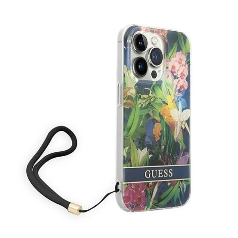 Guess Flower Cord - Etui ze smyczką iPhone 14 Pro Max (niebieski) Guess Flower Cord - Etui ze smyczką iPhone 14 Pro Max (niebieski)