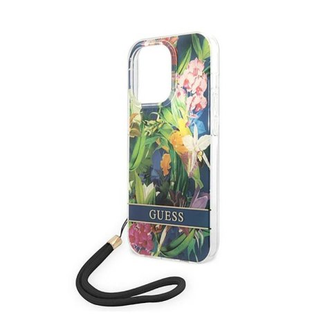 Guess Flower Cord - Etui ze smyczką iPhone 14 Pro Max (niebieski) Guess Flower Cord - Etui ze smyczką iPhone 14 Pro Max (niebieski)