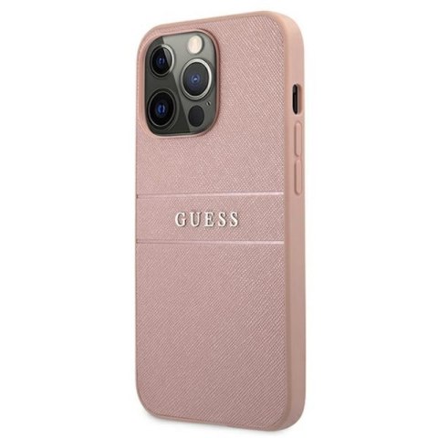 Guess Saffiano Metal Logo Stripes - Etui iPhone 13 Pro Max (różowy) Guess Saffiano Metal Logo Stripes - Etui iPhone 13 Pro Max (różowy)