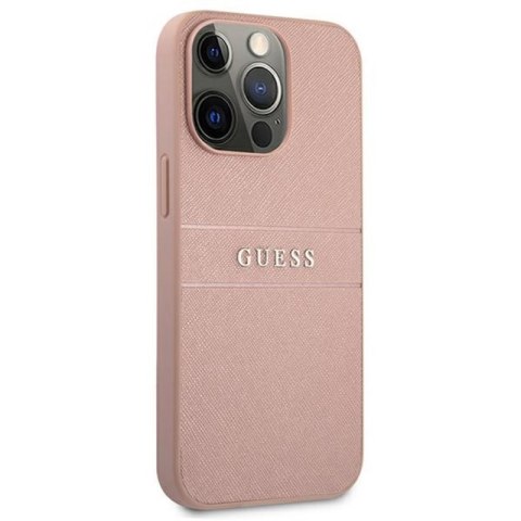 Guess Saffiano Metal Logo Stripes - Etui iPhone 13 Pro Max (różowy) Guess Saffiano Metal Logo Stripes - Etui iPhone 13 Pro Max (różowy)
