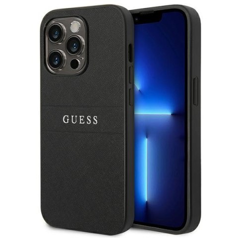 Guess Saffiano Metal Logo Stripes - Etui iPhone 14 Pro (czarny) Guess Saffiano Metal Logo Stripes - Etui iPhone 14 Pro (czarny)