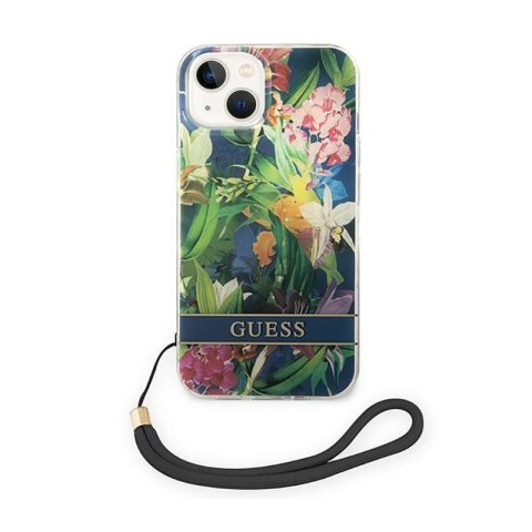 Guess Flower Cord - Etui ze smyczką iPhone 14 Plus (niebieski) Guess Flower Cord - Etui ze smyczką iPhone 14 Plus (niebieski)