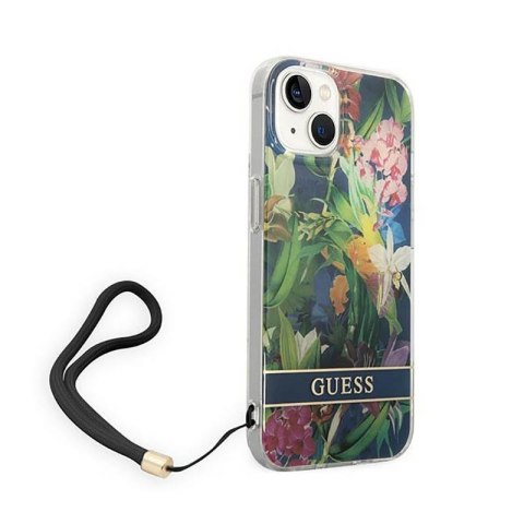 Guess Flower Cord - Etui ze smyczką iPhone 14 Plus (niebieski) Guess Flower Cord - Etui ze smyczką iPhone 14 Plus (niebieski)