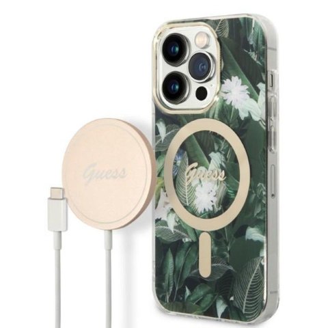 Guess Bundle Pack MagSafe IML Jungle - Zestaw etui + ładowarka MagSafe iPhone 14 Pro (khaki/złoty) Guess Bundle Pack MagSafe IML Jungle - Zestaw etui + ładowarka MagSafe iPhone 14 Pro (khaki/złoty)
