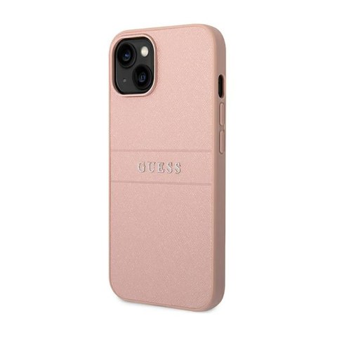 Guess Saffiano Metal Logo Stripes - Etui iPhone 14 Plus (różowy) Guess Saffiano Metal Logo Stripes - Etui iPhone 14 Plus (różowy)