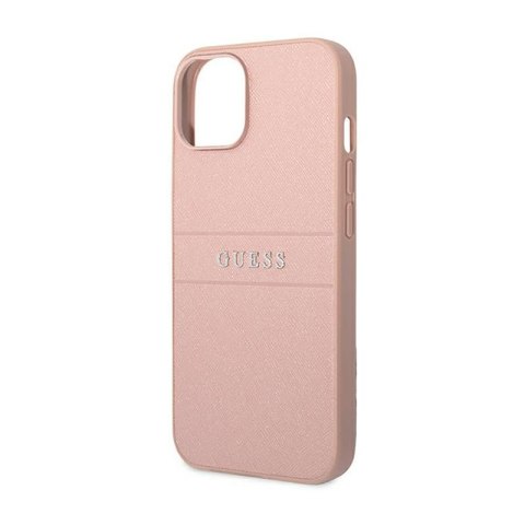 Guess Saffiano Metal Logo Stripes - Etui iPhone 14 Plus (różowy) Guess Saffiano Metal Logo Stripes - Etui iPhone 14 Plus (różowy)