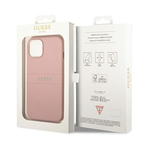 Guess Saffiano Metal Logo Stripes - Etui iPhone 14 Plus (różowy) Guess Saffiano Metal Logo Stripes - Etui iPhone 14 Plus (różowy)