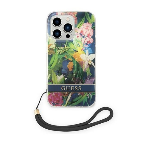 Guess Flower Cord - Etui ze smyczką iPhone 14 Pro (niebieski) Guess Flower Cord - Etui ze smyczką iPhone 14 Pro (niebieski)