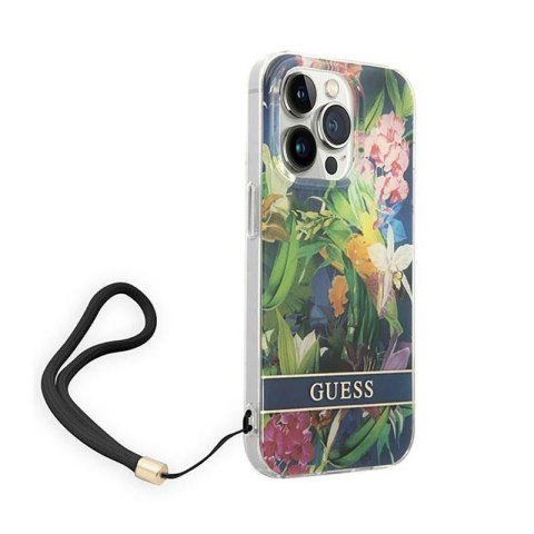 Guess Flower Cord - Etui ze smyczką iPhone 14 Pro (niebieski) Guess Flower Cord - Etui ze smyczką iPhone 14 Pro (niebieski)