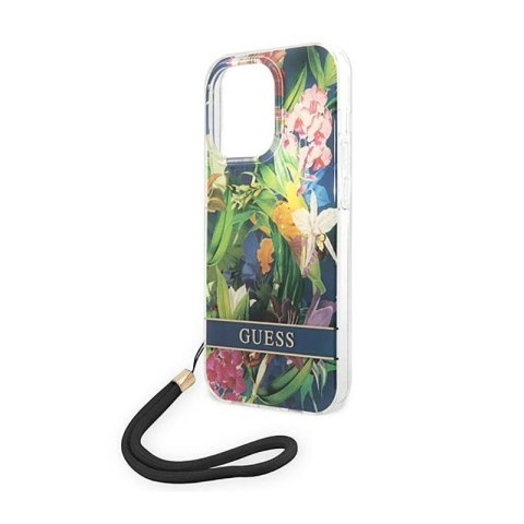 Guess Flower Cord - Etui ze smyczką iPhone 14 Pro (niebieski) Guess Flower Cord - Etui ze smyczką iPhone 14 Pro (niebieski)