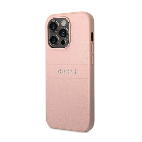 Guess Saffiano Metal Logo Stripes - Etui iPhone 14 Pro (różowy) Guess Saffiano Metal Logo Stripes - Etui iPhone 14 Pro (różowy)