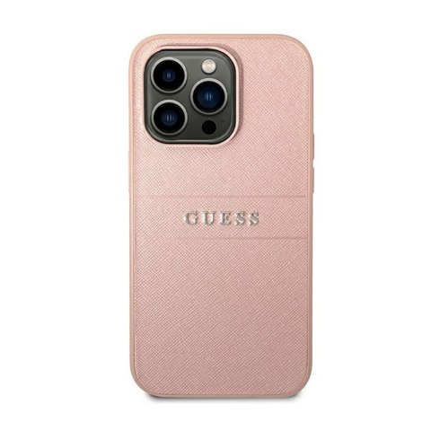 Guess Saffiano Metal Logo Stripes - Etui iPhone 14 Pro (różowy) Guess Saffiano Metal Logo Stripes - Etui iPhone 14 Pro (różowy)