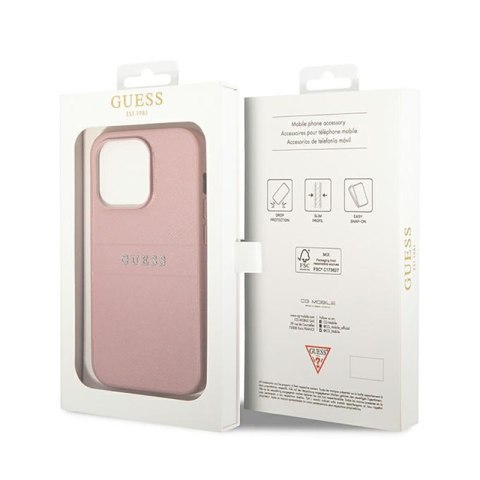 Guess Saffiano Metal Logo Stripes - Etui iPhone 14 Pro (różowy) Guess Saffiano Metal Logo Stripes - Etui iPhone 14 Pro (różowy)