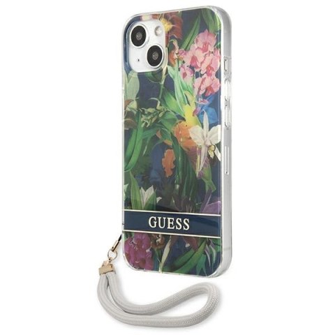 Guess Flower Cord - Etui ze smyczką iPhone 13 (Blue) Guess Flower Cord - Etui ze smyczką iPhone 13 (Blue)