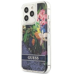 Guess Liquid Glitter Flower - Etui iPhone 13 Pro (niebieski)