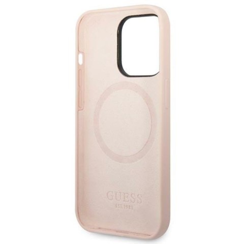 Guess Silicone Logo Plate MagSafe - Etui iPhone 14 Pro Max (różowy) Guess Silicone Logo Plate MagSafe - Etui iPhone 14 Pro Max (różowy)