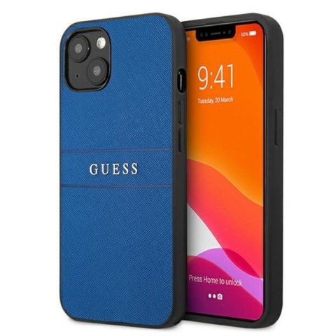 Guess Saffiano Metal Logo Stripes - Etui iPhone 13 mini (niebieski) Guess Saffiano Metal Logo Stripes - Etui iPhone 13 mini (niebieski)