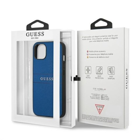 Guess Saffiano Metal Logo Stripes - Etui iPhone 13 mini (niebieski) Guess Saffiano Metal Logo Stripes - Etui iPhone 13 mini (niebieski)