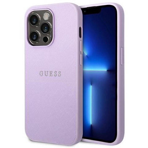 Guess Saffiano Metal Logo Stripes - Etui iPhone 14 Pro (liliowy) Guess Saffiano Metal Logo Stripes - Etui iPhone 14 Pro (liliowy)