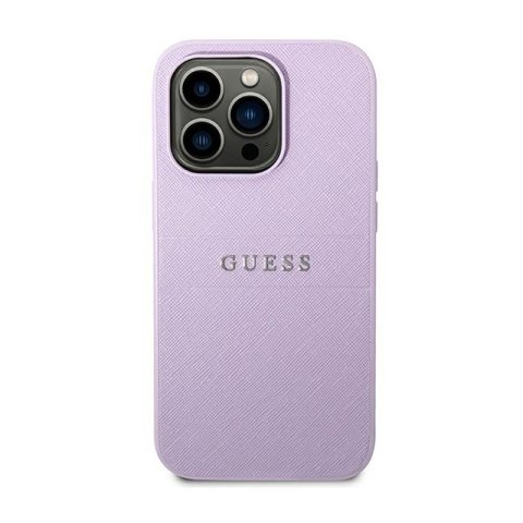 Guess Saffiano Metal Logo Stripes - Etui iPhone 14 Pro (liliowy) Guess Saffiano Metal Logo Stripes - Etui iPhone 14 Pro (liliowy)