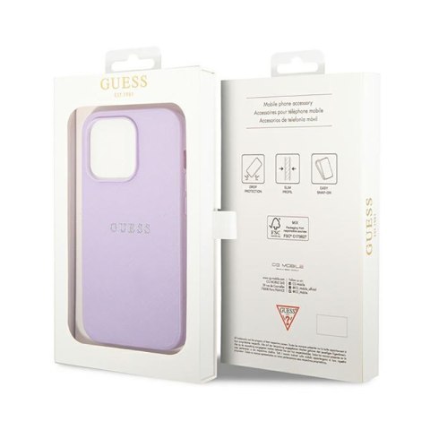 Guess Saffiano Metal Logo Stripes - Etui iPhone 14 Pro (liliowy) Guess Saffiano Metal Logo Stripes - Etui iPhone 14 Pro (liliowy)