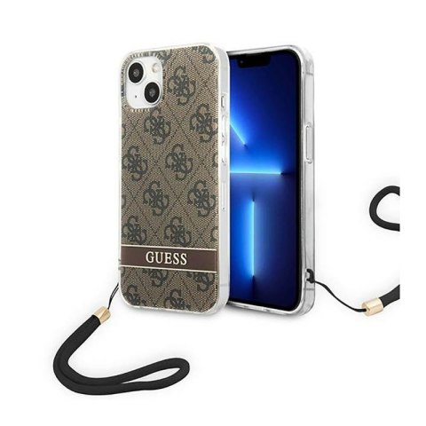 Guess 4G Print Cord - Etui ze smyczką iPhone 14 Plus (brązowy) Guess 4G Print Cord - Etui ze smyczką iPhone 14 Plus (brązowy)