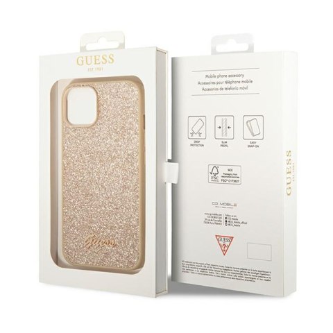 Guess Glitter Flakes Metal Logo Case - Etui iPhone 14 (złoty) Guess Glitter Flakes Metal Logo Case - Etui iPhone 14 (złoty)
