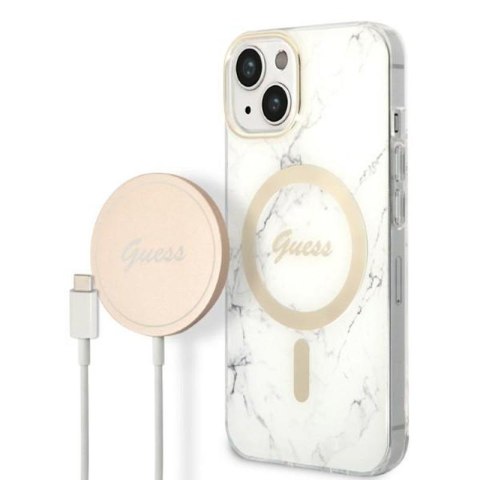 Guess Bundle Pack MagSafe IML Marble - Zestaw etui + ładowarka MagSafe iPhone 14 Plus (biały/złoty) Guess Bundle Pack MagSafe IML Marble - Zestaw etui + ładowarka MagSafe iPhone 14 Plus (biały/złoty)