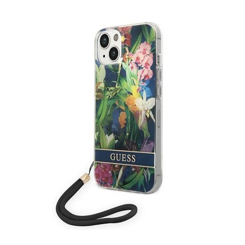 Guess Flower Cord - Etui ze smyczką iPhone 14 (niebieski) Guess Flower Cord - Etui ze smyczką iPhone 14 (niebieski)