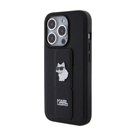 Karl Lagerfeld Gripstand Saffiano Choupette Pins - Etui iPhone 15 Pro (czarny) Karl Lagerfeld Gripstand Saffiano Choupette Pins - Etui iPhone 15 Pro (czarny)
