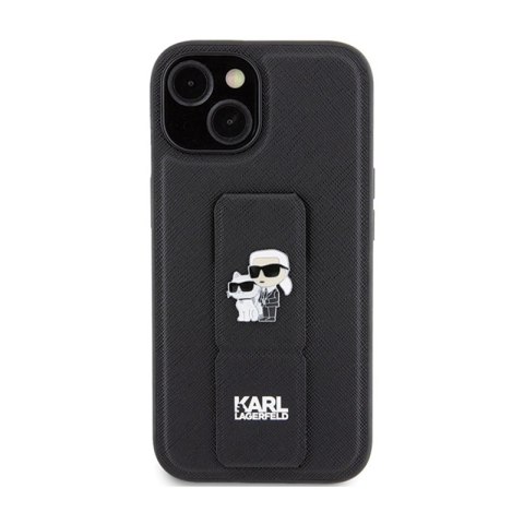 Karl Lagerfeld Gripstand Saffiano Karl & Choupette Pins - Etui iPhone 15 Plus (czarny) Karl Lagerfeld Gripstand Saffiano Karl & Choupette Pins - Etui iPhone 15 Plus (czarny)