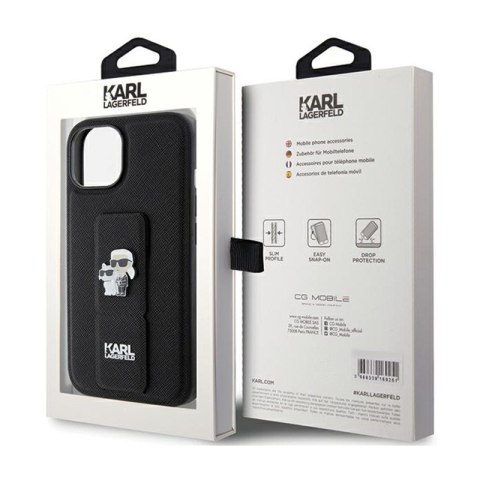 Karl Lagerfeld Gripstand Saffiano Karl & Choupette Pins - Etui iPhone 15 Plus (czarny) Karl Lagerfeld Gripstand Saffiano Karl & Choupette Pins - Etui iPhone 15 Plus (czarny)