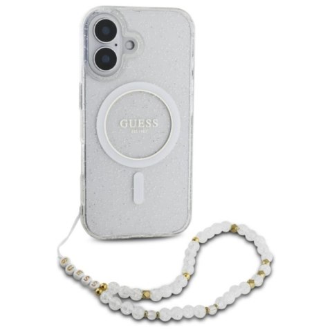 Guess IML Glitter With Pearl Strap MagSafe - Etui iPhone 16 (przezroczysty) Guess IML Glitter With Pearl Strap MagSafe - Etui iPhone 16 (przezroczysty)
