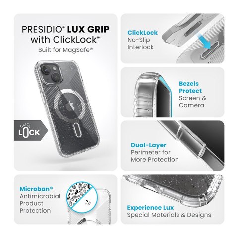 Speck Presidio Lux Grip ClickLock & Magsafe - Etui iPhone 15 / iPhone 14 / iPhone 13 (Clear / Platinium Glitter / Chrome Finish Speck Presidio Lux Grip ClickLock & Magsafe - Etui iPhone 15 / iPhone 14 / iPhone 13 (Clear / Platinium Glitter / Chrome Finish