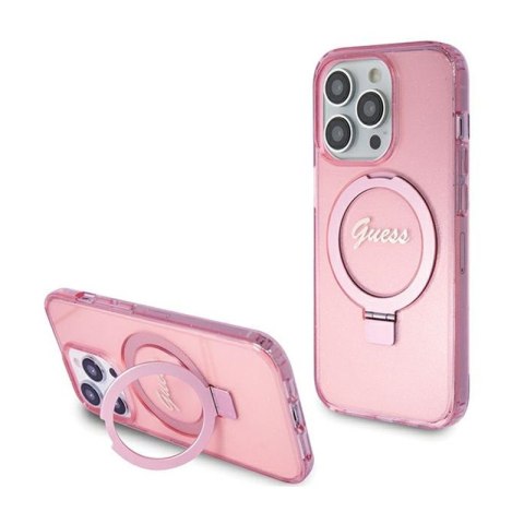 Guess Ring Stand Script Glitter MagSafe - Etui iPhone 15 Pro (różowy) Guess Ring Stand Script Glitter MagSafe - Etui iPhone 15 Pro (różowy)