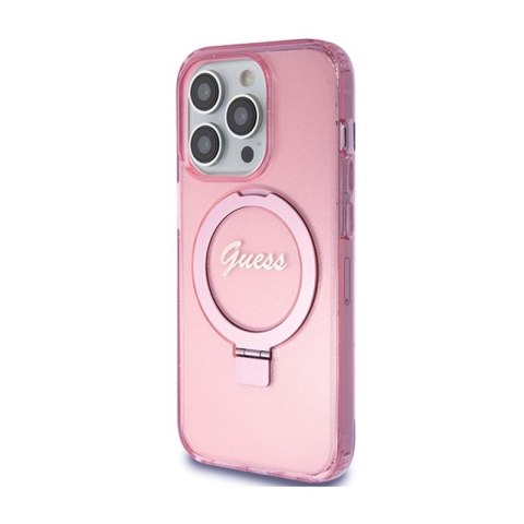 Guess Ring Stand Script Glitter MagSafe - Etui iPhone 15 Pro (różowy) Guess Ring Stand Script Glitter MagSafe - Etui iPhone 15 Pro (różowy)
