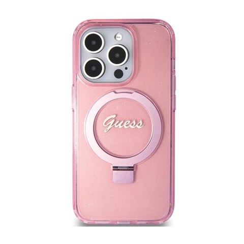 Guess Ring Stand Script Glitter MagSafe - Etui iPhone 15 Pro (różowy) Guess Ring Stand Script Glitter MagSafe - Etui iPhone 15 Pro (różowy)