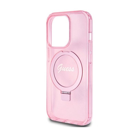 Guess Ring Stand Script Glitter MagSafe - Etui iPhone 15 Pro (różowy) Guess Ring Stand Script Glitter MagSafe - Etui iPhone 15 Pro (różowy)