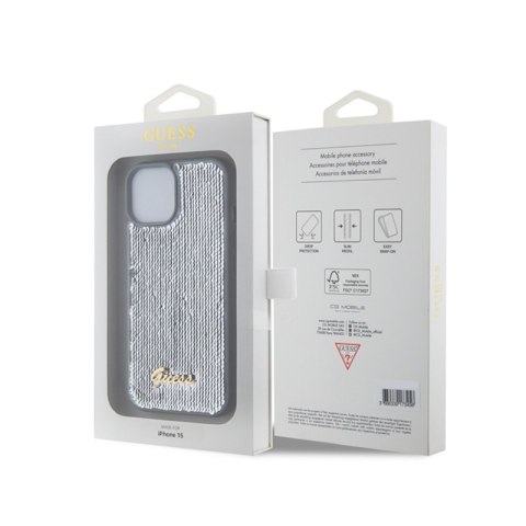 Guess Sequin Script Metal - Etui iPhone 15 (srebrny) Guess Sequin Script Metal - Etui iPhone 15 (srebrny)