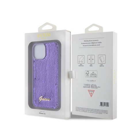 Guess Sequin Script Metal - Etui iPhone 15 (fioletowy) Guess Sequin Script Metal - Etui iPhone 15 (fioletowy)