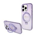 Guess Ring Stand Script Glitter MagSafe - Etui iPhone 15 Pro (fioletowy)
