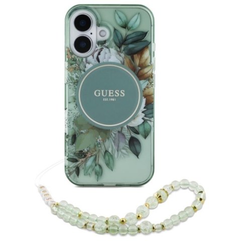 Guess IML Flowers With Pearl Strap MagSafe - Etui iPhone 16 (zielony) Guess IML Flowers With Pearl Strap MagSafe - Etui iPhone 16 (zielony)