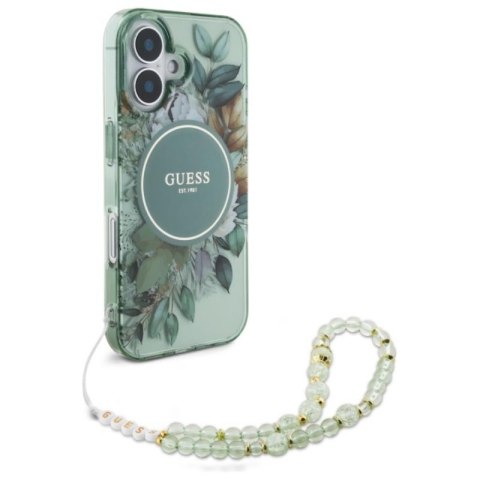 Guess IML Flowers With Pearl Strap MagSafe - Etui iPhone 16 (zielony) Guess IML Flowers With Pearl Strap MagSafe - Etui iPhone 16 (zielony)