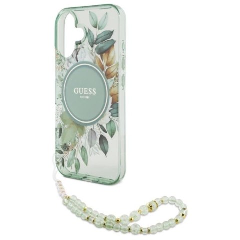 Guess IML Flowers With Pearl Strap MagSafe - Etui iPhone 16 (zielony) Guess IML Flowers With Pearl Strap MagSafe - Etui iPhone 16 (zielony)