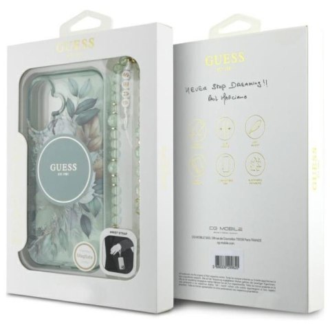 Guess IML Flowers With Pearl Strap MagSafe - Etui iPhone 16 (zielony) Guess IML Flowers With Pearl Strap MagSafe - Etui iPhone 16 (zielony)